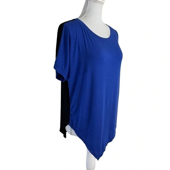 Aqua Colorblock Top XS Pointed Asymmetrical Hem Short Sleeves Round Neckline - Picture 2 of 8